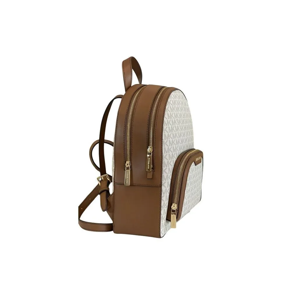 Michael Kors Jaycee Medium Zip Pocket Backpack Bag Tote Vanilla Logo Leather NWT